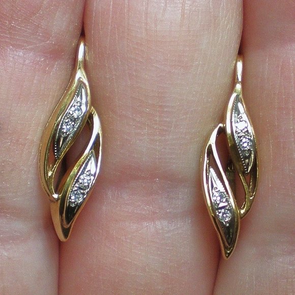 Vintage Original Soviet USSR Solid 18K 750 Yellow White Gold Diamond Earrings - Picture 3 of 7